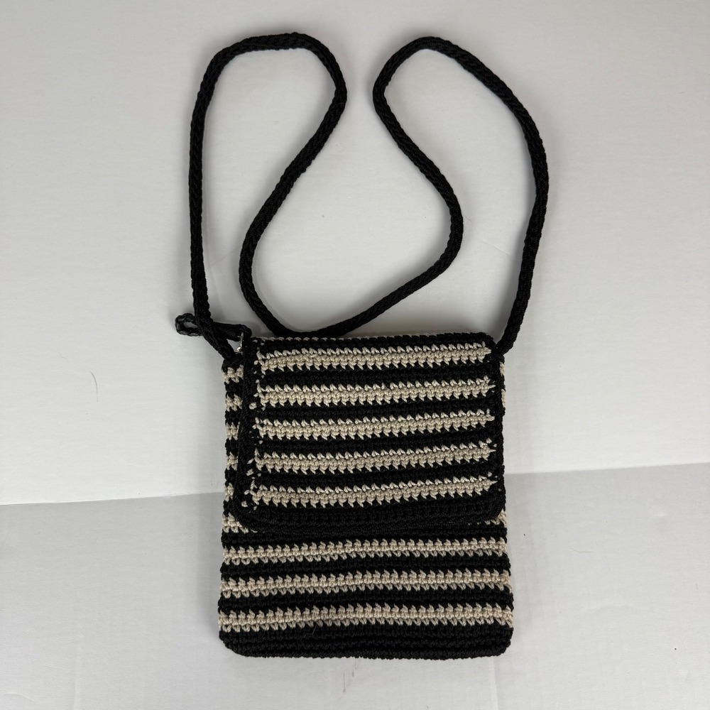 The Sak Casual Classics Black Tan Striped Crochet Crossbody Phone‎ Bag 7 x 8.5